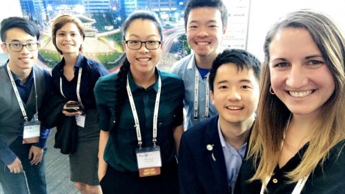 Members of the International Pharmaceutical Students' Federation at the FIP World Congress. Pictured from left to right: Colin Situ (New Zealand), Ashma Nepal (Nepal), Naomi Lee (New Zealand), Jason So (New Zealand), Brian Wong (New Zealand), Valerie Nolt (United States of America).